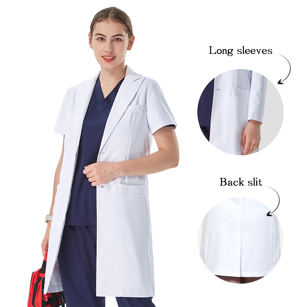 Medical Lab Hospital - เสื้อกาวน์แพทย์สีขาว คอปก ดีไซน์สวยงาม สำหรับแพทย์หญิง ผ้าฝ้ายผสมโพลีเอสเตอร์ ทรงเข้ารูป